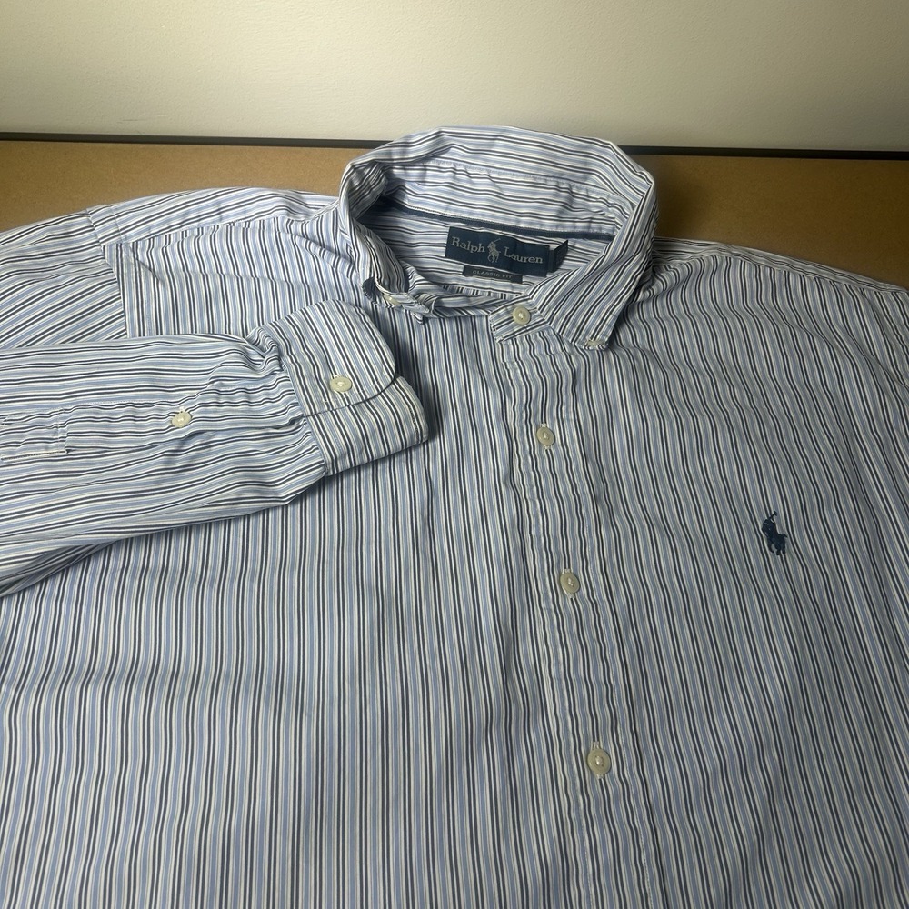 Ralph Lauren Men's Large Button Down Dress Shirt Blue Striped Classic Fit